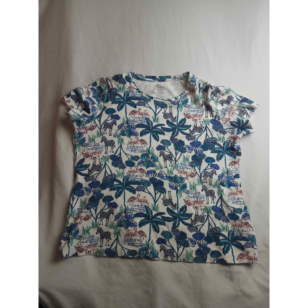 Kim Rogers Perfectly Safari Print T-Shirt Zebra Flamingo Blue Green Medium